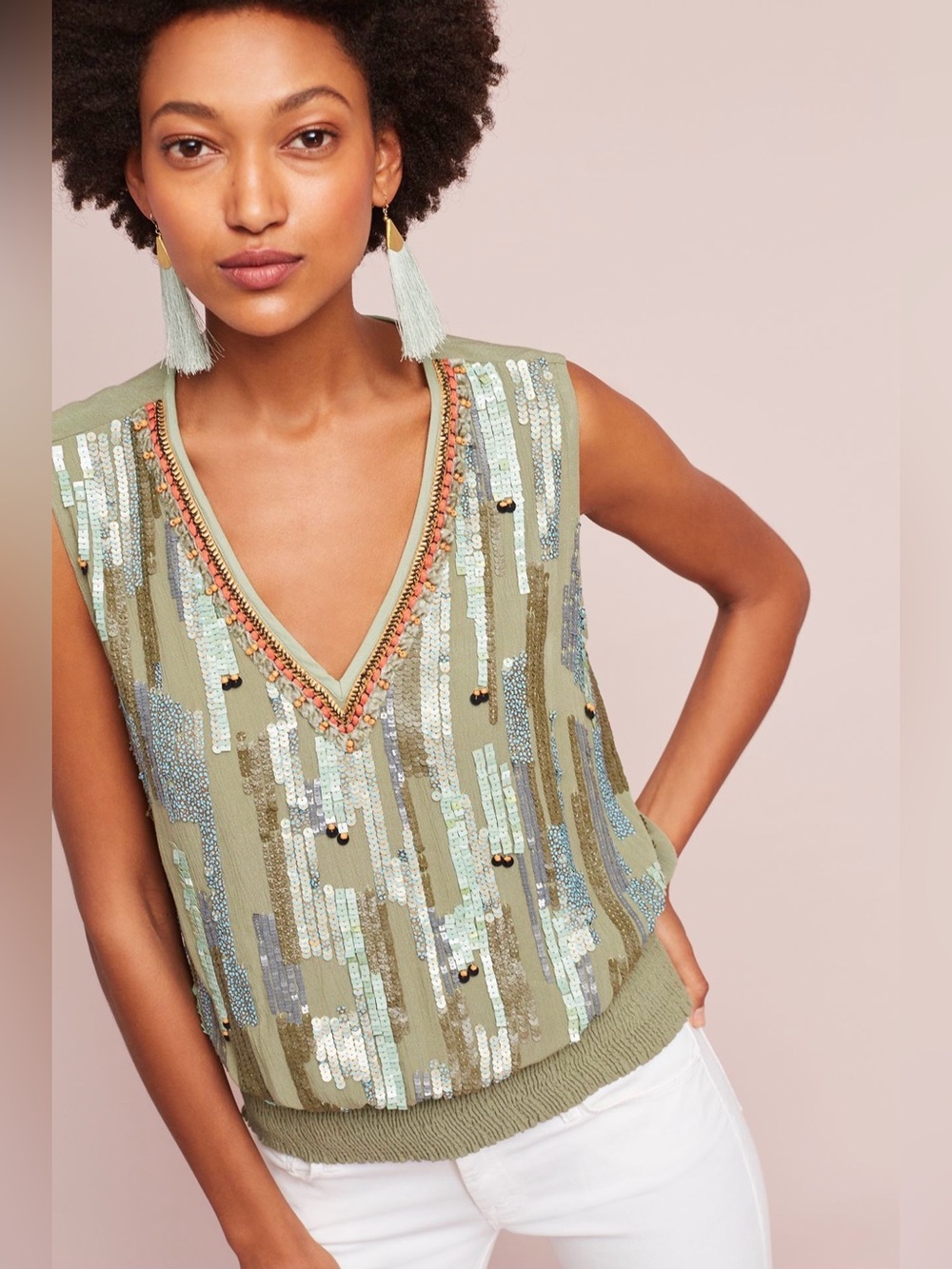 BL^Nk London Arianna Mint Beaded V-Neck Top Size Small NWT Sequin Embellished
